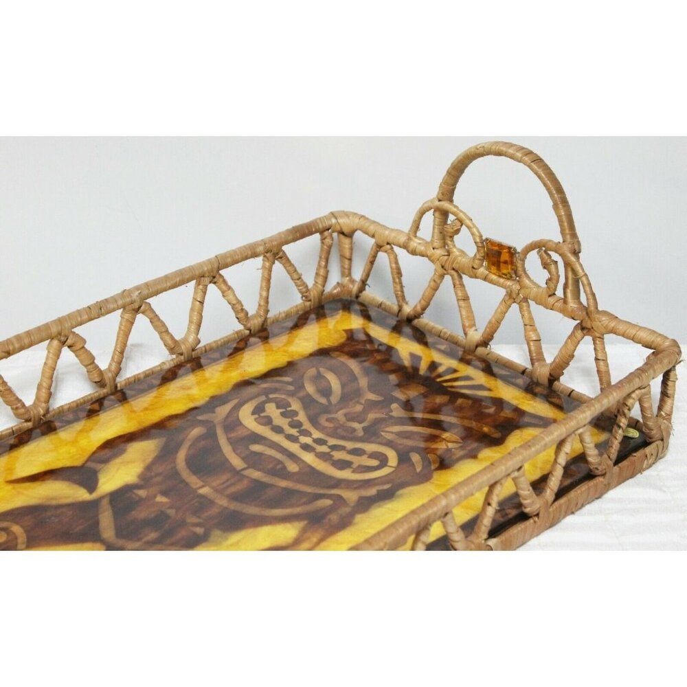 Polynesian Tiki God Capiz Serving Tray Shell God 21"x12" Jewel Brown Gold Woven
